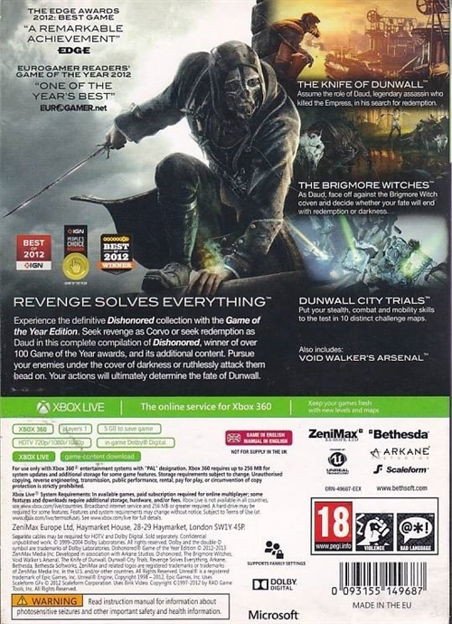 Dishonored Game of the Year - XBOX 360 (B Grade) (Genbrug)